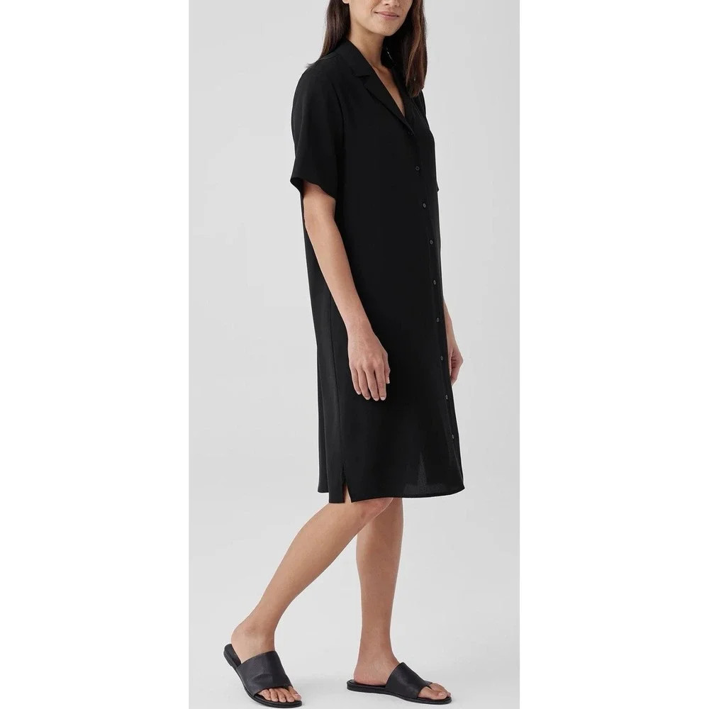 Eileen Fisher 100% SILK Georgette Crepe Notch Collar Dress XS Black‎ f4gc1